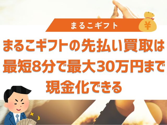 まるこギフトの先払い買取は最短8分で最大30万円まで現金化できる